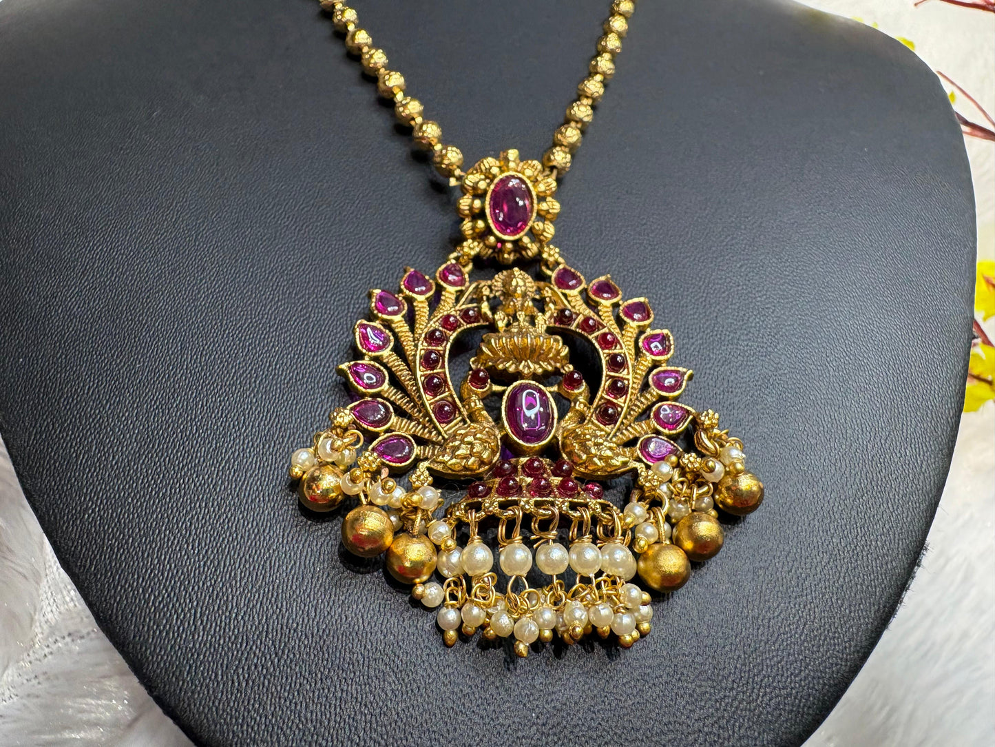 Traditional Temple Pendant Jewellery Set with Pearl Jhumkas