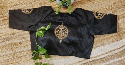 Black Raw Silk Zardozi Work Blouse – Designer Embroidered Blouse for Women