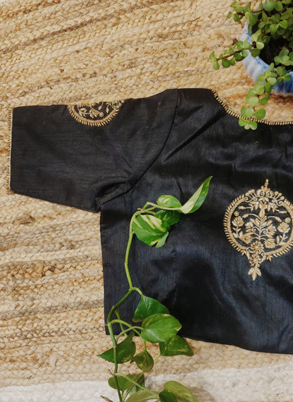 Black Raw Silk Zardozi Work Blouse – Designer Embroidered Blouse for Women