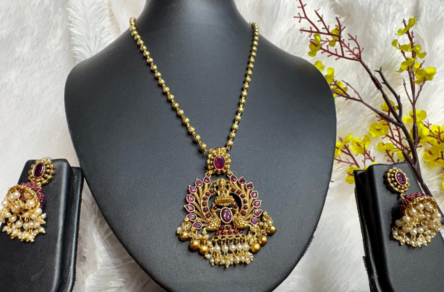 Traditional Temple Pendant Jewellery Set with Pearl Jhumkas