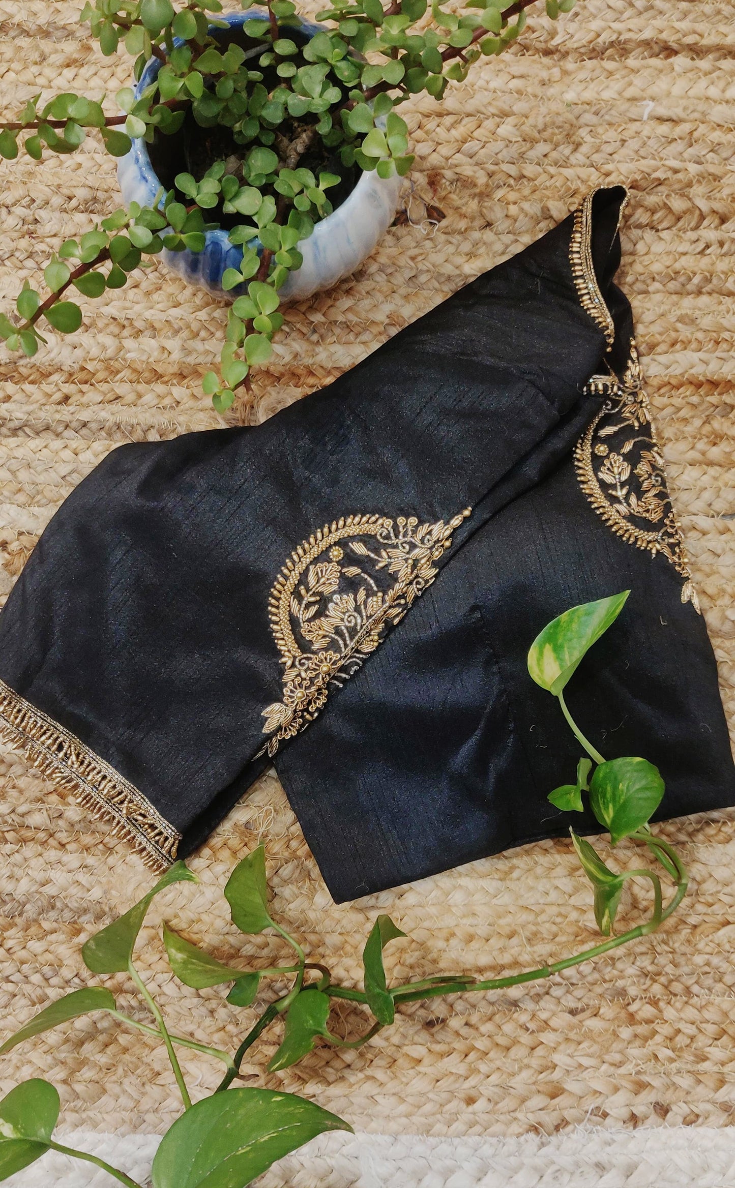 Black Raw Silk Zardozi Work Blouse – Designer Embroidered Blouse for Women