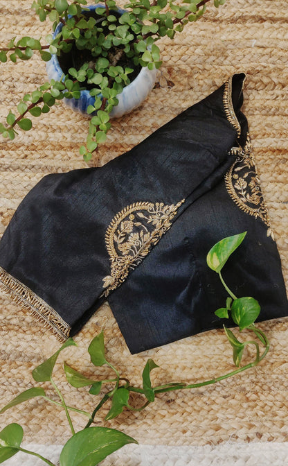 Black Raw Silk Zardozi Work Blouse – Designer Embroidered Blouse for Women