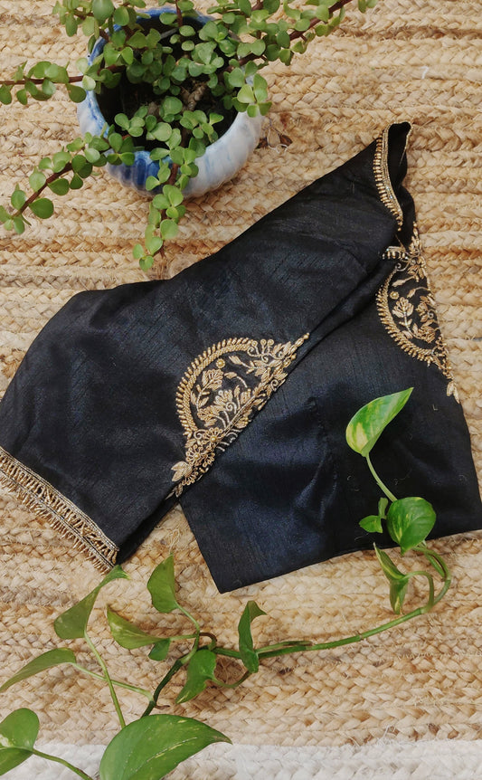 Black Raw Silk Zardozi Work Blouse – Designer Embroidered Blouse for Women