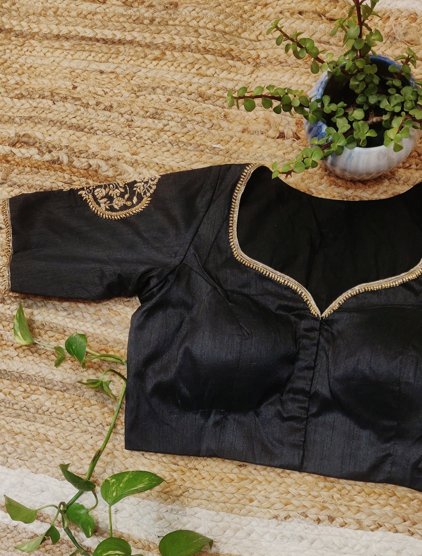 Black Raw Silk Zardozi Work Blouse – Designer Embroidered Blouse for Women