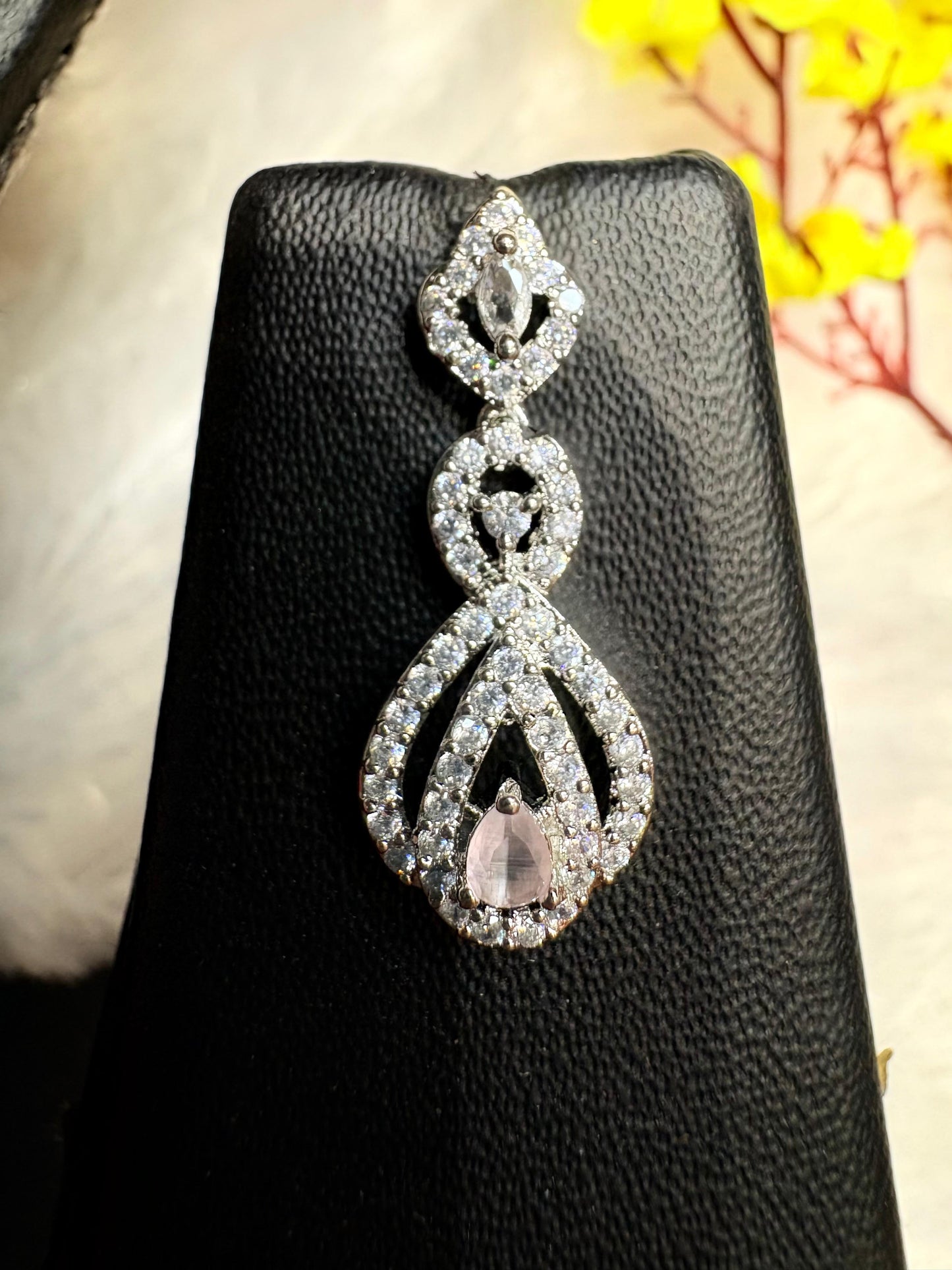 Silver American Diamond Pendant Necklace Set with Earrings for Women
