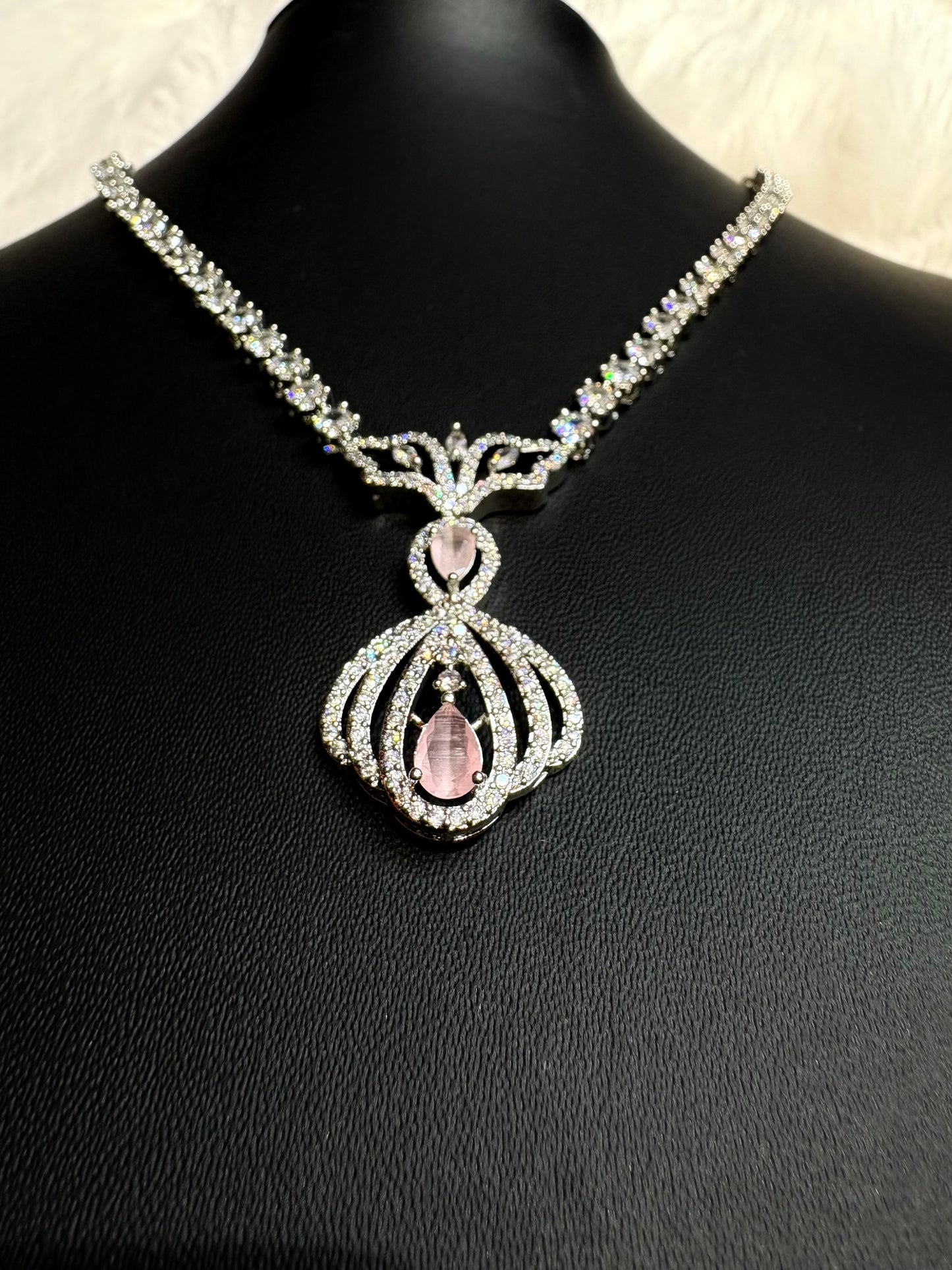 Silver American Diamond Pendant Necklace Set with Earrings for Women