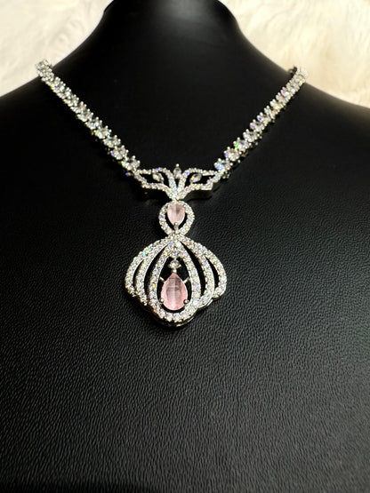 Silver American Diamond Pendant Necklace Set with Earrings for Women