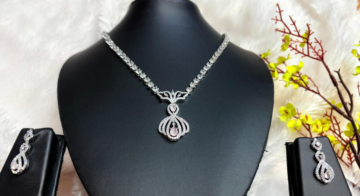 Silver American Diamond Pendant Necklace Set with Earrings for Women