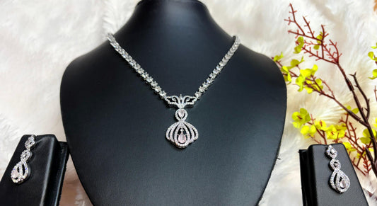 Silver American Diamond Pendant Necklace Set with Earrings for Women