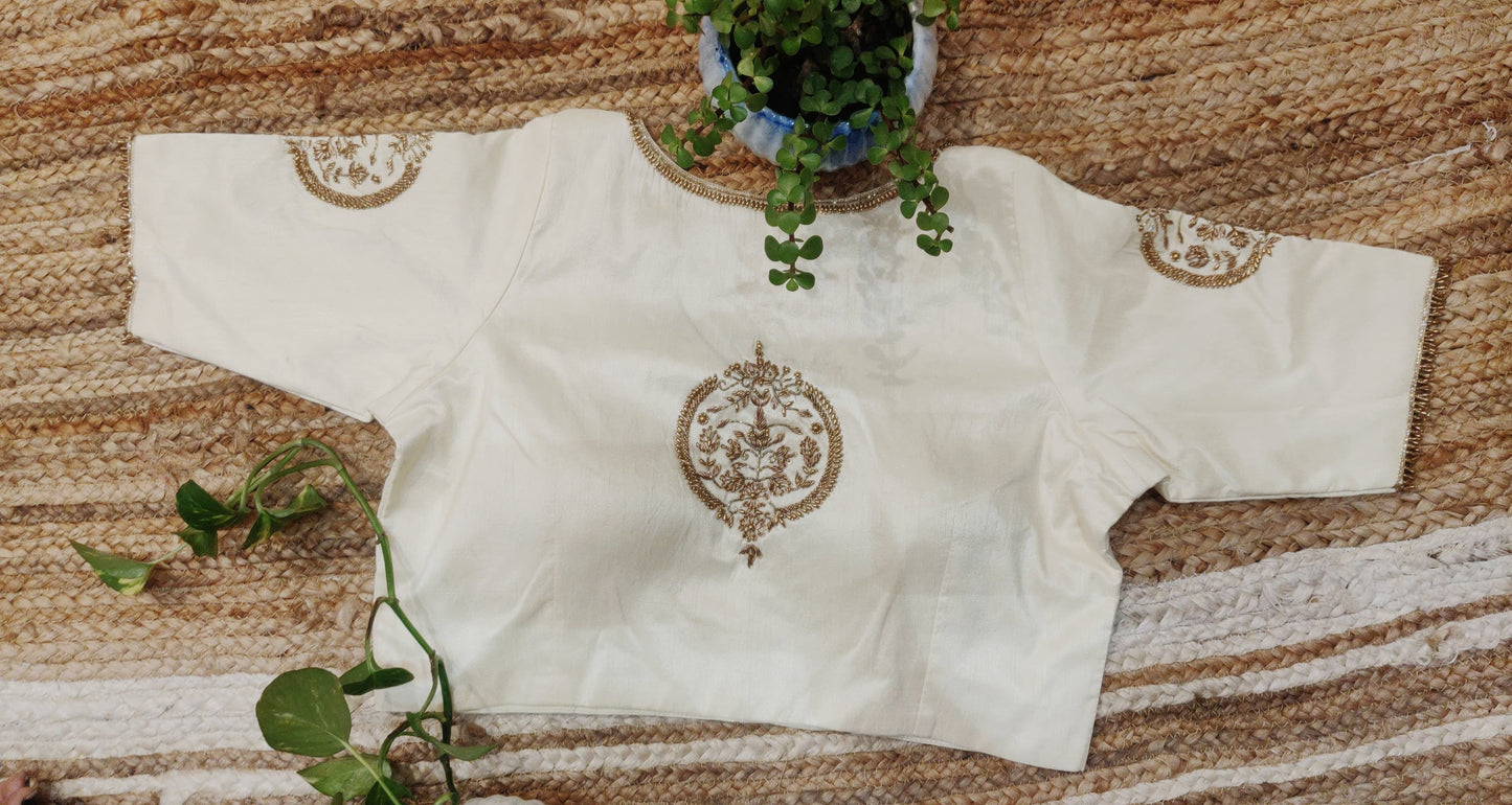 Ivory Raw Silk Zardozi Work Blouse – Elegant Designer  Blouse for Women