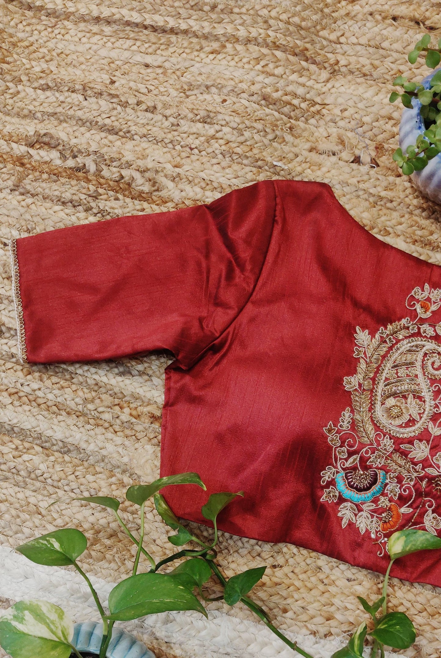 Maroon Raw Silk Ari Work Blouse – Embroidered Designer  Blouse for Women