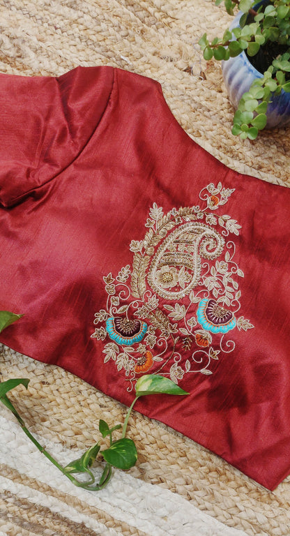 Maroon Raw Silk Ari Work Blouse – Embroidered Designer  Blouse for Women