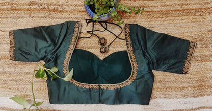 Bottle Green Silk Ari Work Blouse – Designer Padded  Blouse for Women