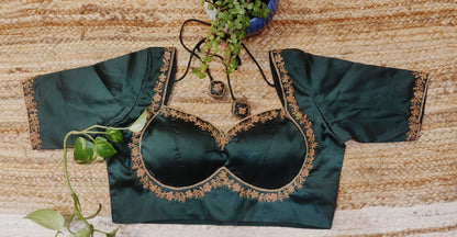 Bottle Green Silk Ari Work Blouse – Designer Padded  Blouse for Women