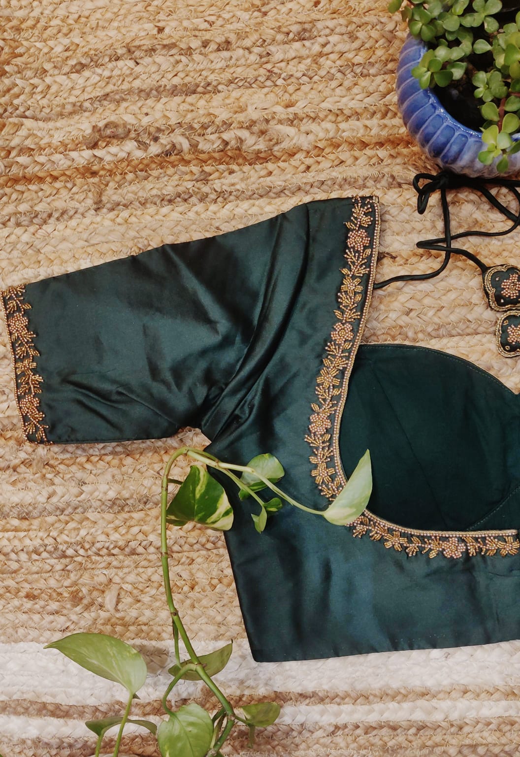 Bottle Green Silk Ari Work Blouse – Designer Padded  Blouse for Women