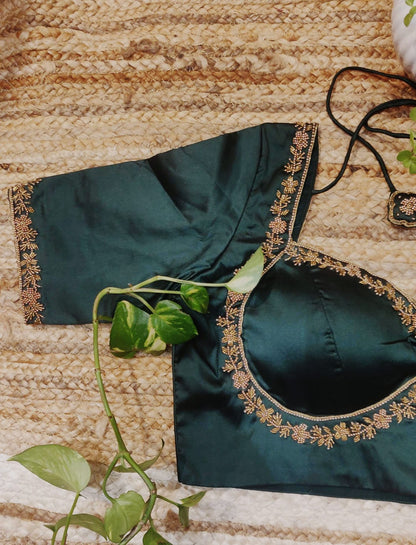 Bottle Green Silk Ari Work Blouse – Designer Padded  Blouse for Women