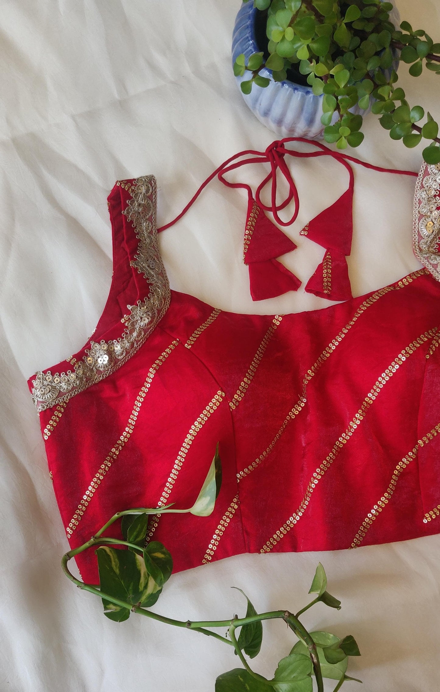 Red  Fancy Satin Sleeveless Blouse – Embroidered Designer Saree Blouse for Women