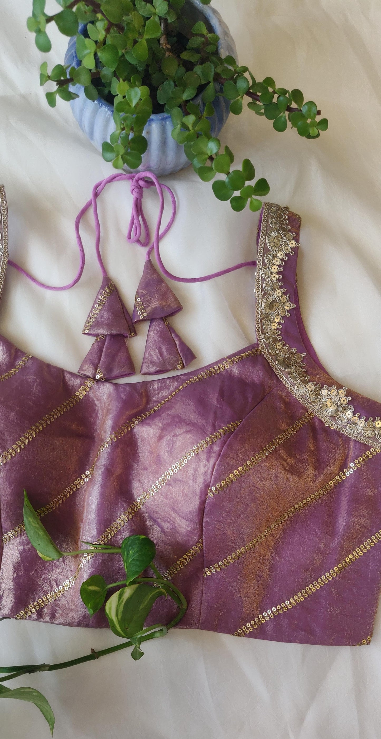 Lavender Fandy Satin Sleeveless Blouse – Sequins Work Designer  Blouse for Women