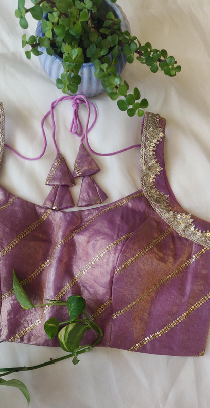 Lavender Fandy Satin Sleeveless Blouse – Sequins Work Designer  Blouse for Women