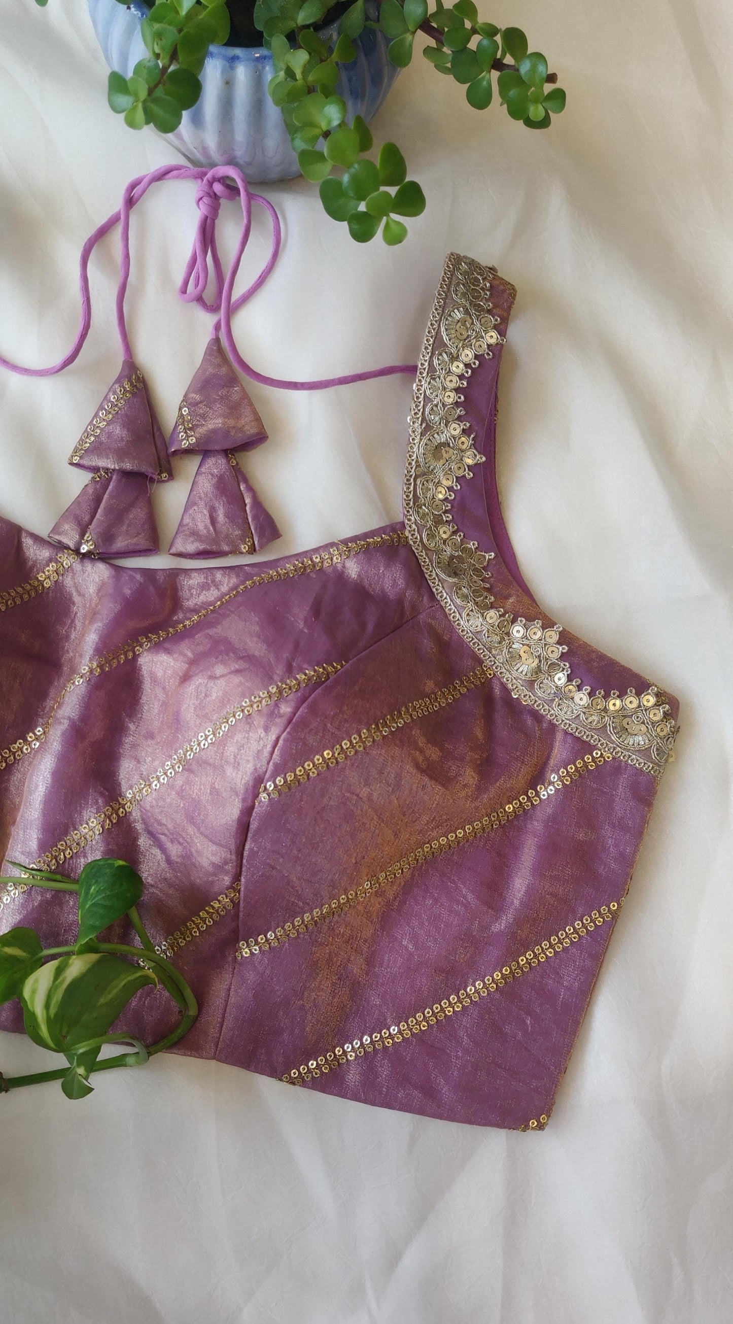 Lavender Fandy Satin Sleeveless Blouse – Sequins Work Designer  Blouse for Women
