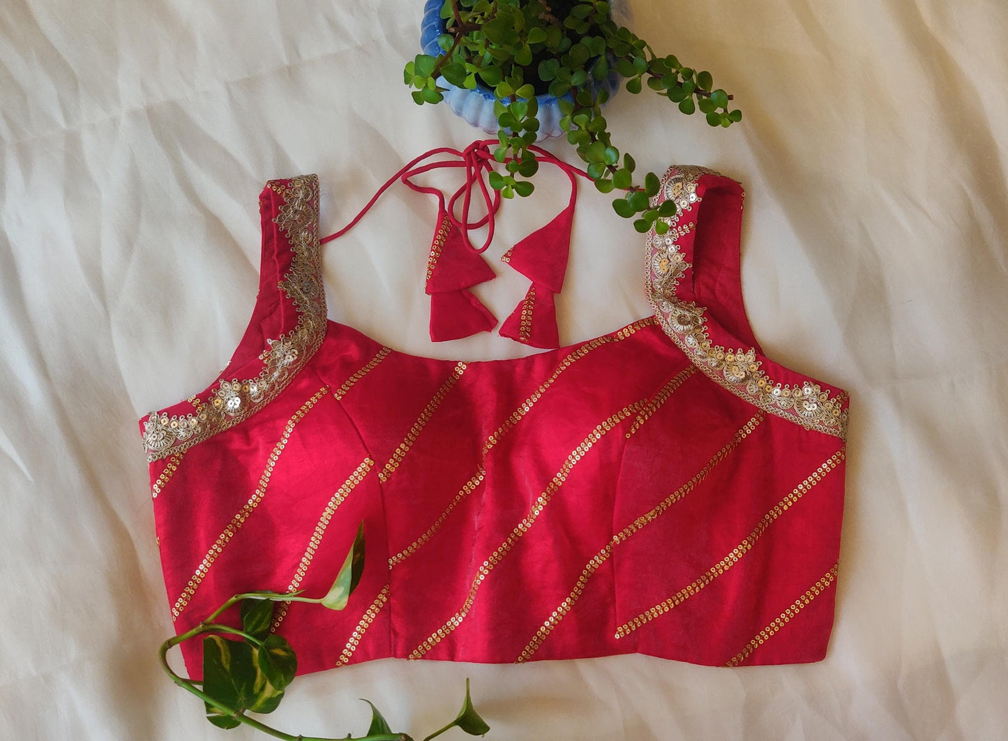 Red  Fancy Satin Sleeveless Blouse – Embroidered Designer Saree Blouse for Women