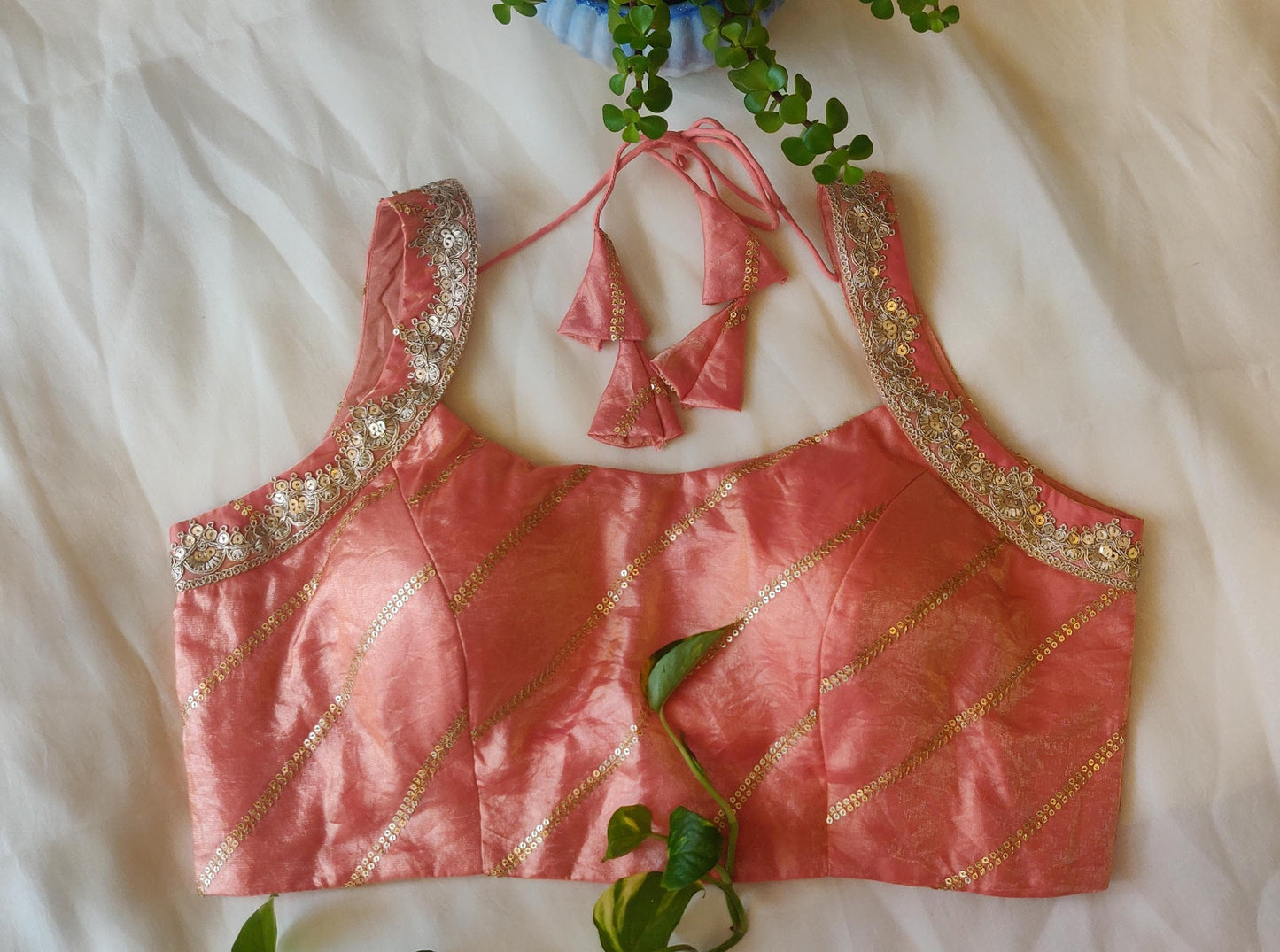 Peach Pink Fancy Satin Sleeveless Blouse – Embroidered Designer  Blouse for Women