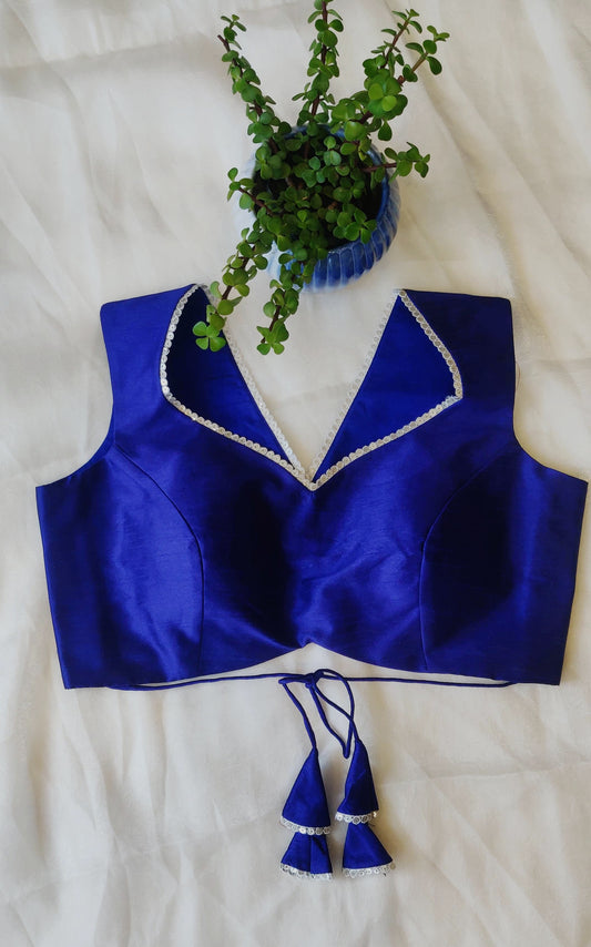 Royal Blue Raw Silk Backless Blouse – Designer V Neck Blouse for Women