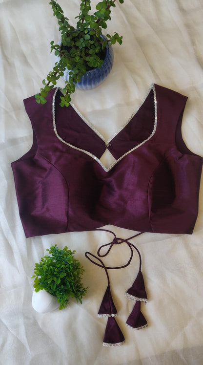 Wine Raw Silk Backless Blouse – Designer V Neck  Blouse for Women