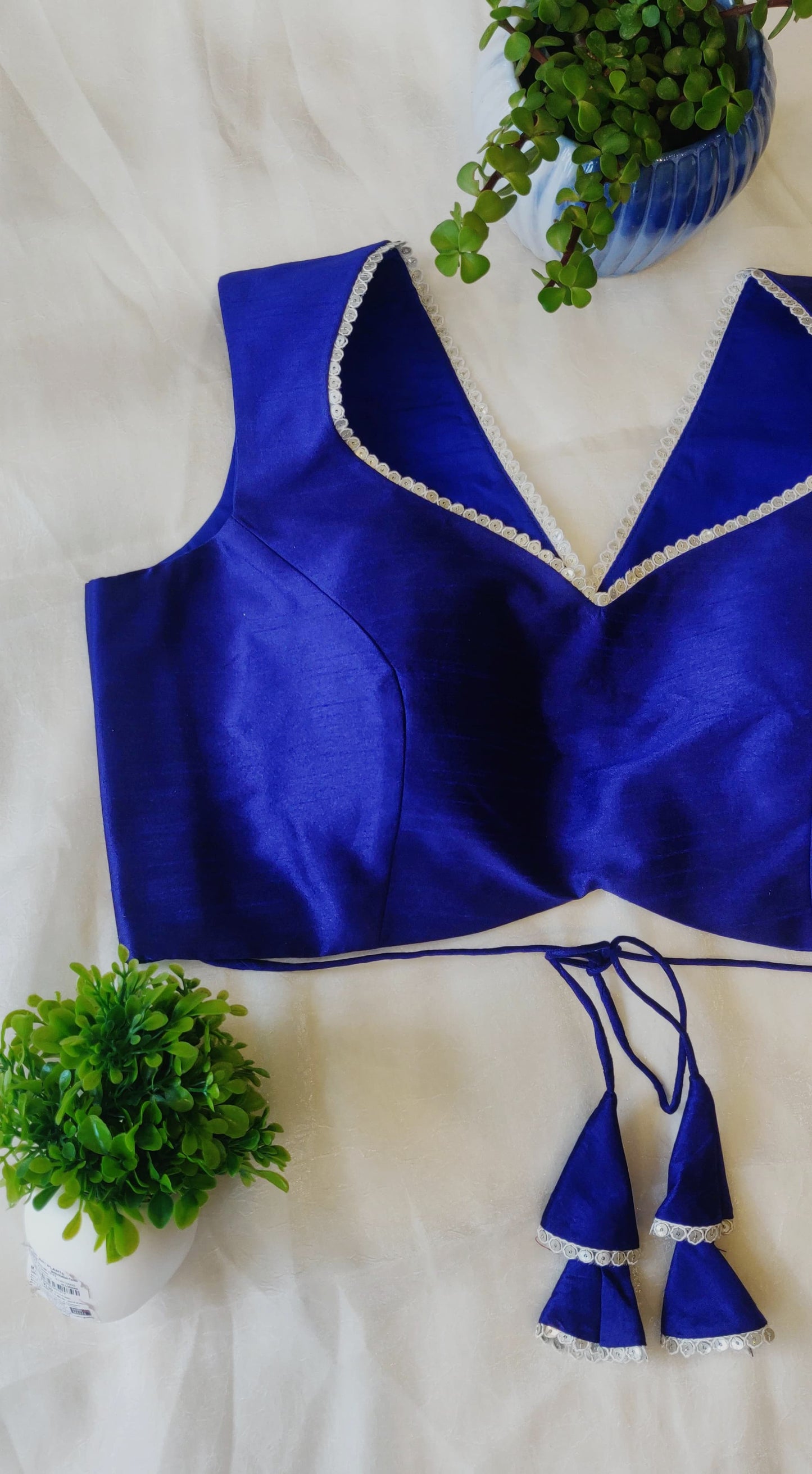 Royal Blue Raw Silk Backless Blouse – Designer V Neck Blouse for Women