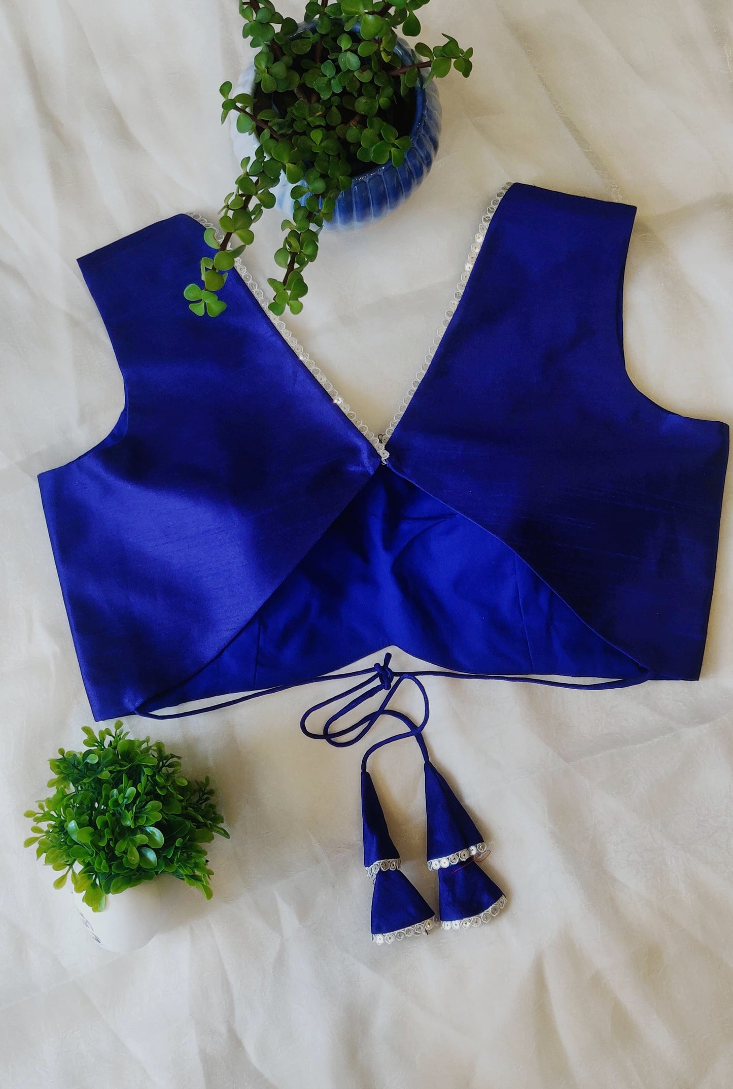 Royal Blue Raw Silk Backless Blouse – Designer V Neck Blouse for Women