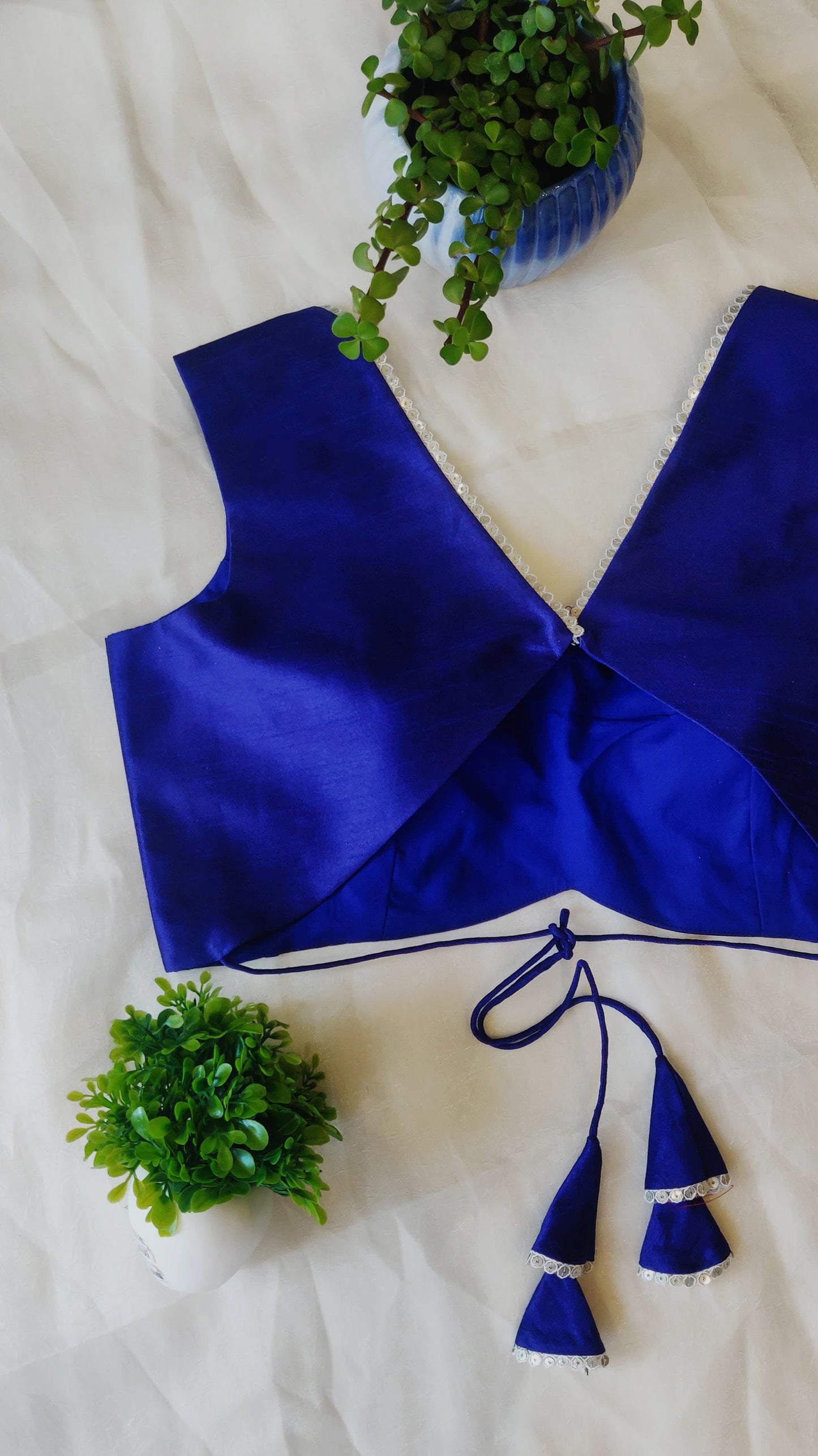Royal Blue Raw Silk Backless Blouse – Designer V Neck Blouse for Women