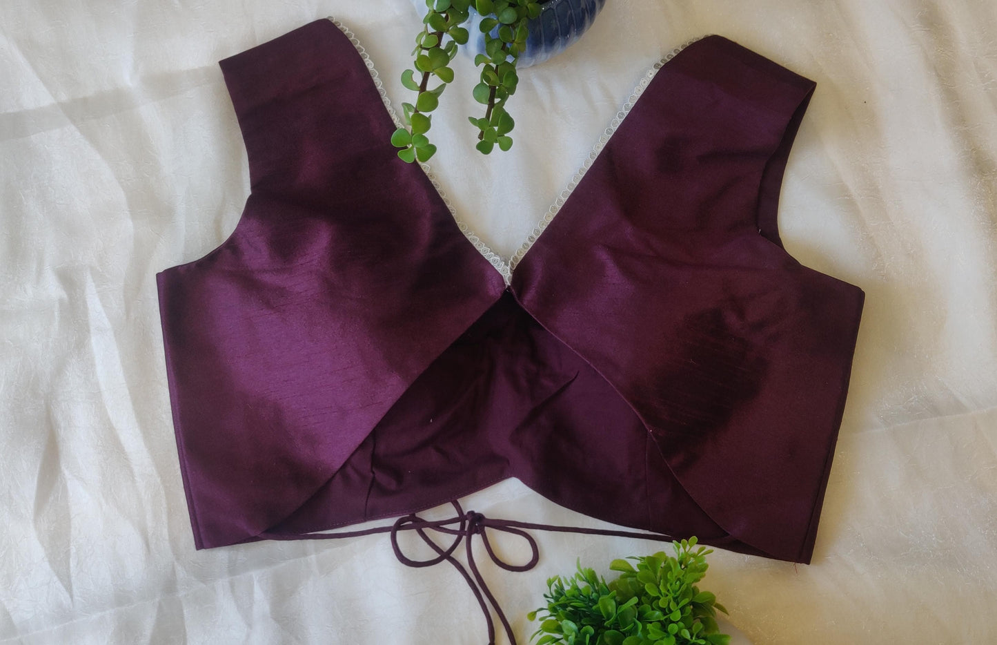 Wine Raw Silk Backless Blouse – Designer V Neck  Blouse for Women