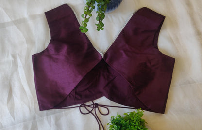 Wine Raw Silk Backless Blouse – Designer V Neck  Blouse for Women