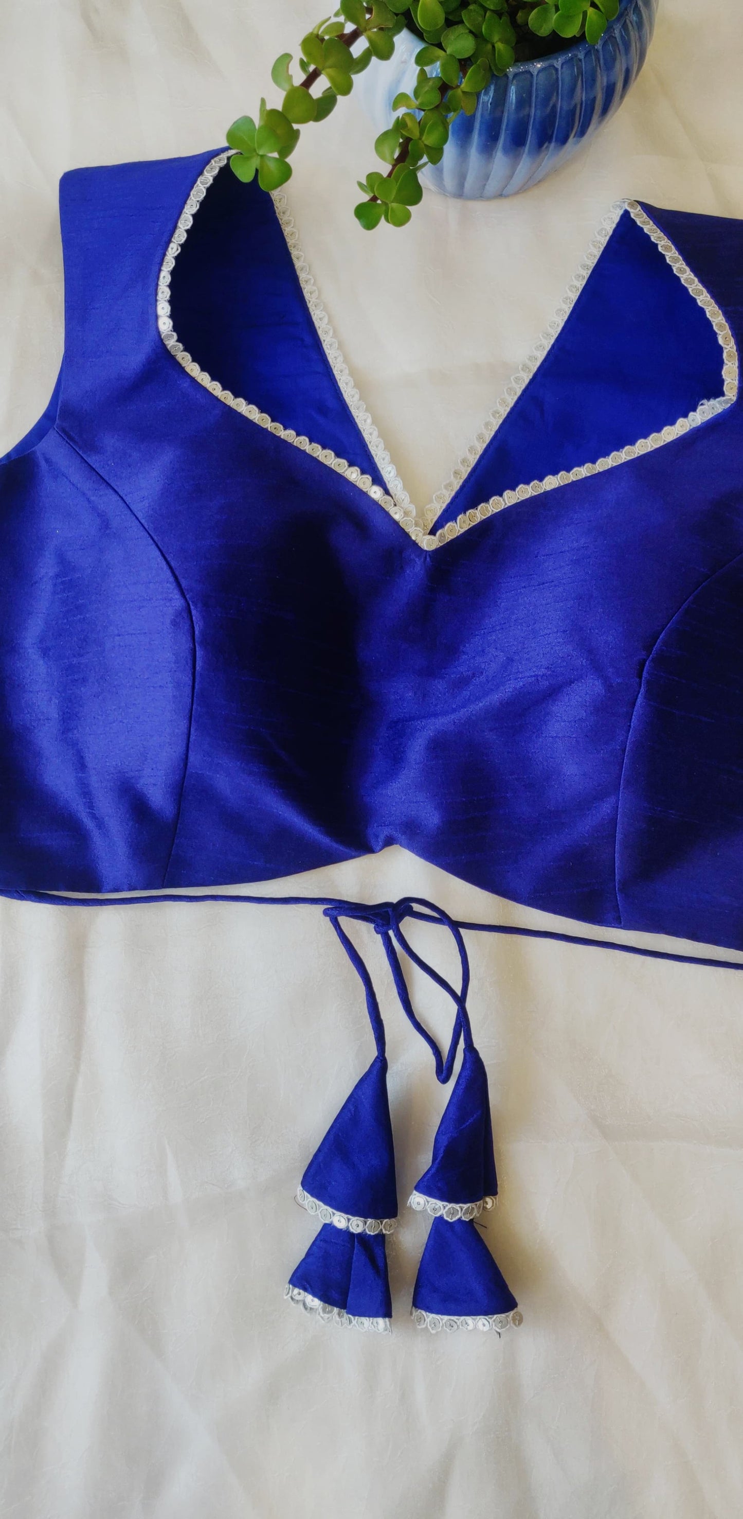 Royal Blue Raw Silk Backless Blouse – Designer V Neck Blouse for Women
