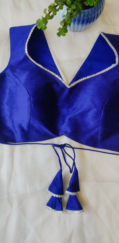 Royal Blue Raw Silk Backless Blouse – Designer V Neck Blouse for Women