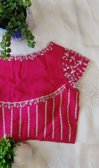 Hot Pink Viscose Organza Ari Work Blouse – Zari & Puti Embroidered Designer Blouse