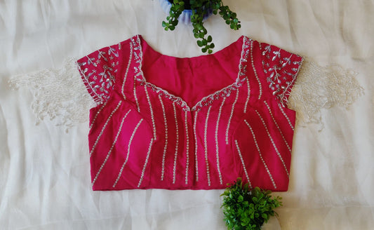 Hot Pink Viscose Organza Ari Work Blouse – Zari & Puti Embroidered Designer Blouse