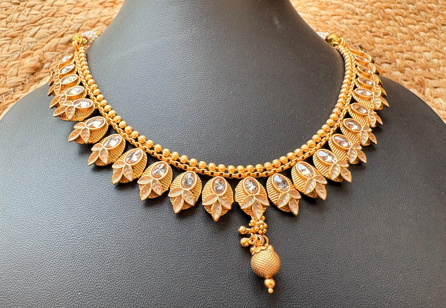 Gold Plated Leaf Design Necklace Set with Jhumka Earrings
