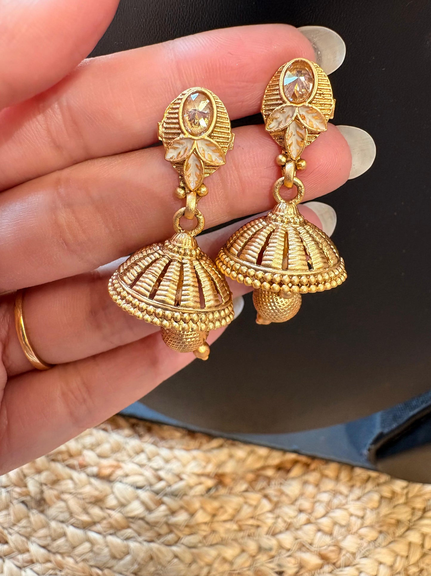 Gold Plated Leaf Design Necklace Set with Jhumka Earrings