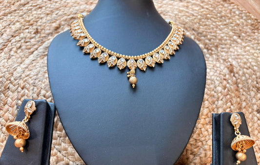 Gold Plated Leaf Design Necklace Set with Jhumka Earrings