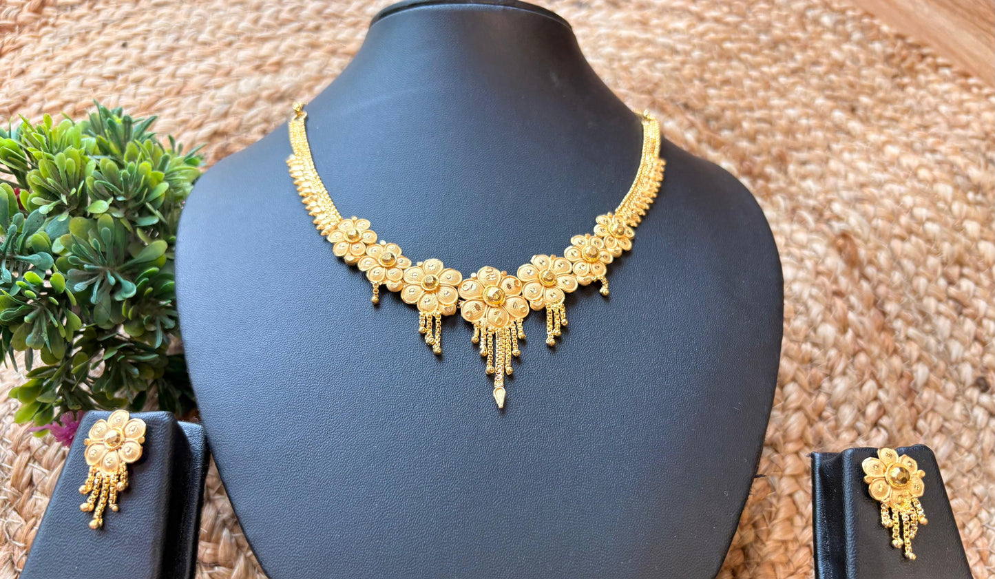 Gold Plated Floral Necklace Set with Earrings