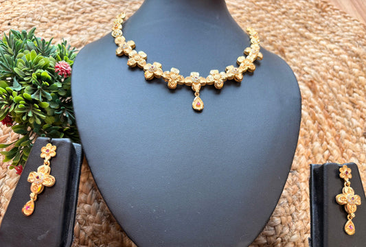 Floral Gold Plated Necklace Set with Designer Earrings
