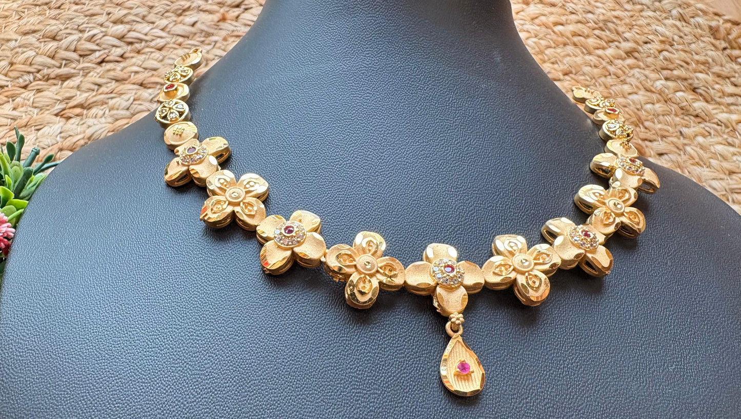 Floral Gold Plated Necklace Set with Designer Earrings
