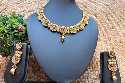Antique Gold Floral Necklace Set with Stone Work