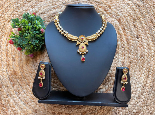Antique Gold Plated Ruby Stone Necklace Set for Women