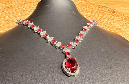 Ruby Red Crystal Necklace Set with Earrings