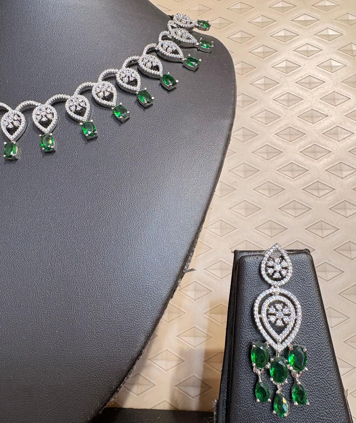 Emerald Green AD Necklace Set with Crystal Drop Earrings