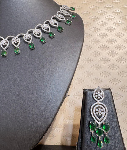 Emerald Green AD Necklace Set with Crystal Drop Earrings