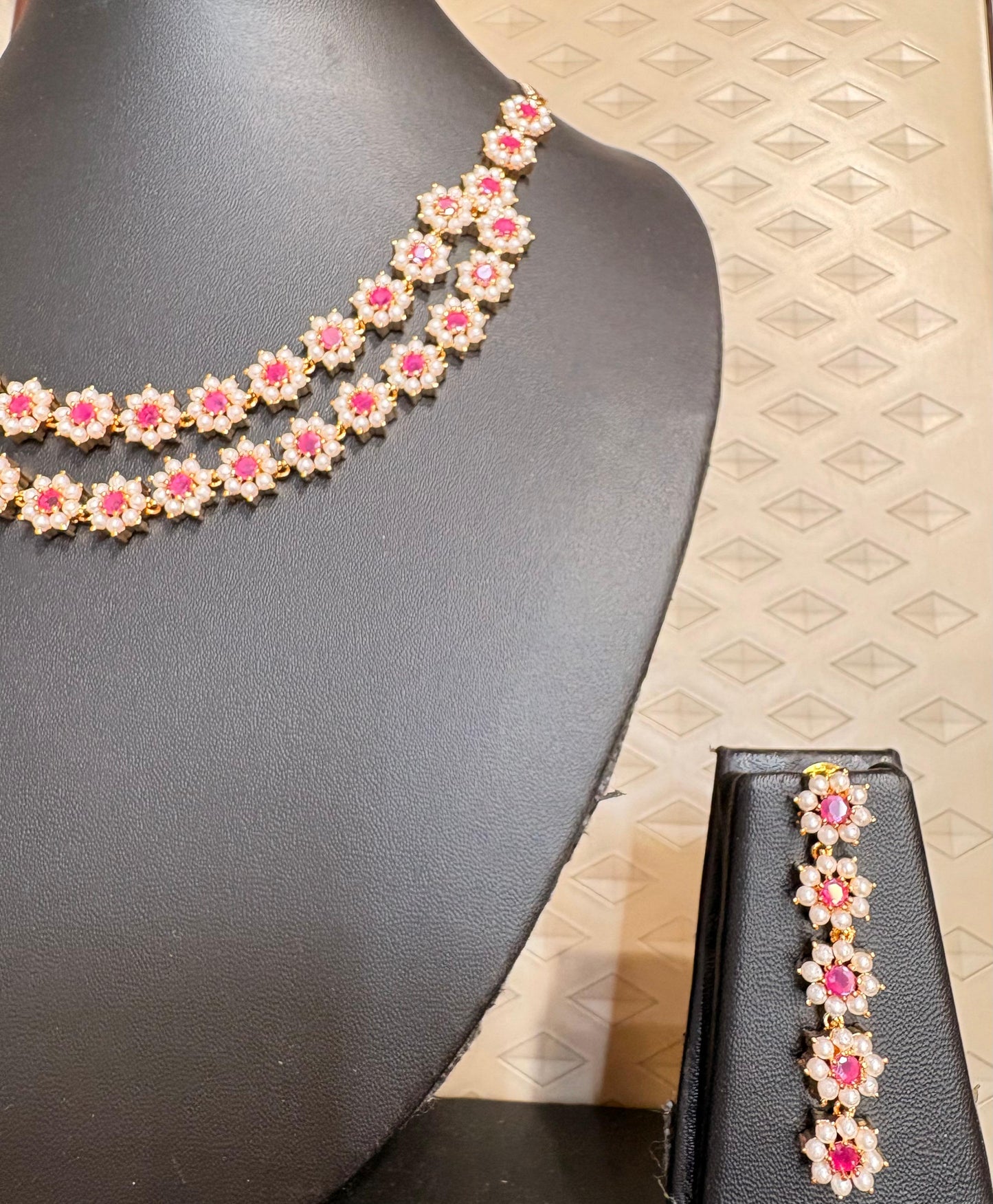 Floral AD Necklace Set with Pink Stones and Earrings
