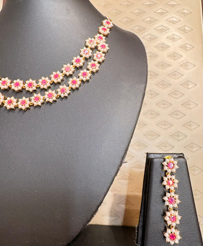Floral AD Necklace Set with Pink Stones and Earrings